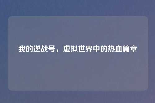 我的逆战号，虚拟世界中的热血篇章